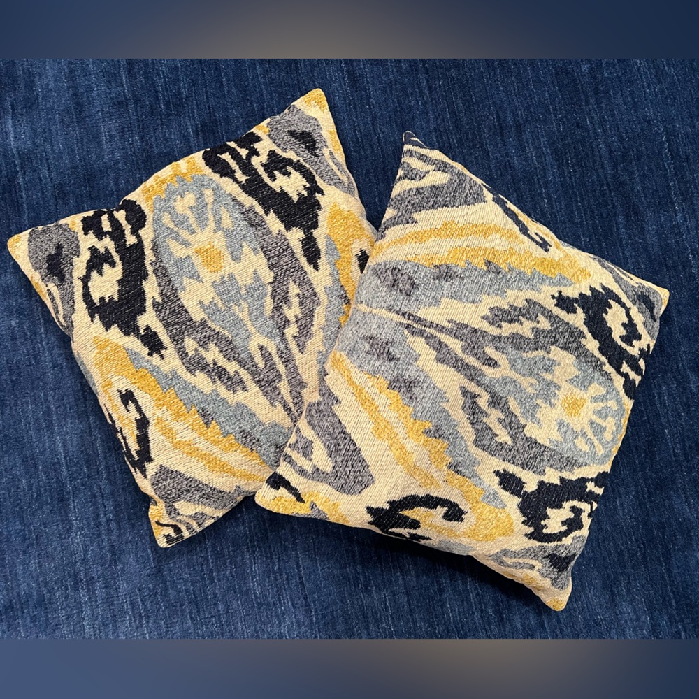 Elegant Blue and Yellow Patterned Throw Pillows (Pair)